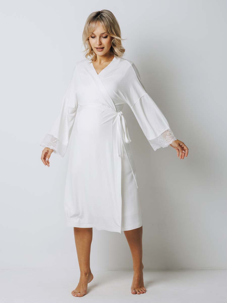 Костюм кружевной халат с сорочкой для беременных 27932 молочный
