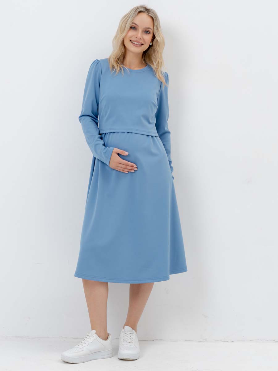 Платье для беременных и кормящих с длинным рукавом в офис голубой