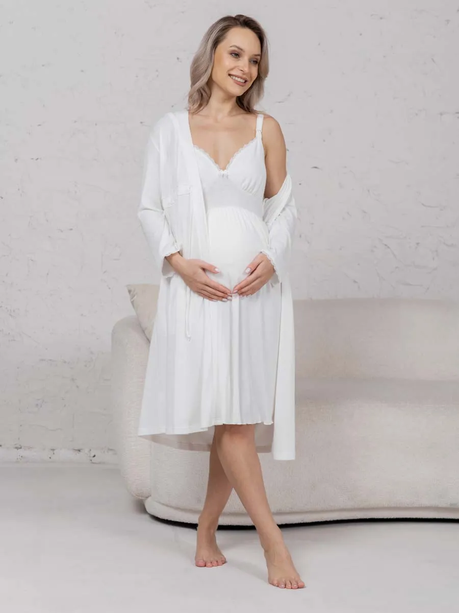Халат с сорочкой для беременных и кормящих молочный
