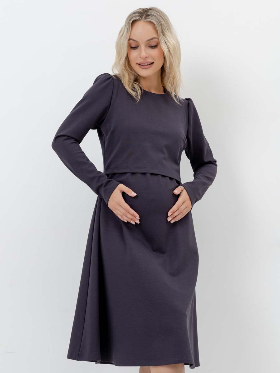 Платье для беременных и кормящих с длинным рукавом в офис антрацитовый