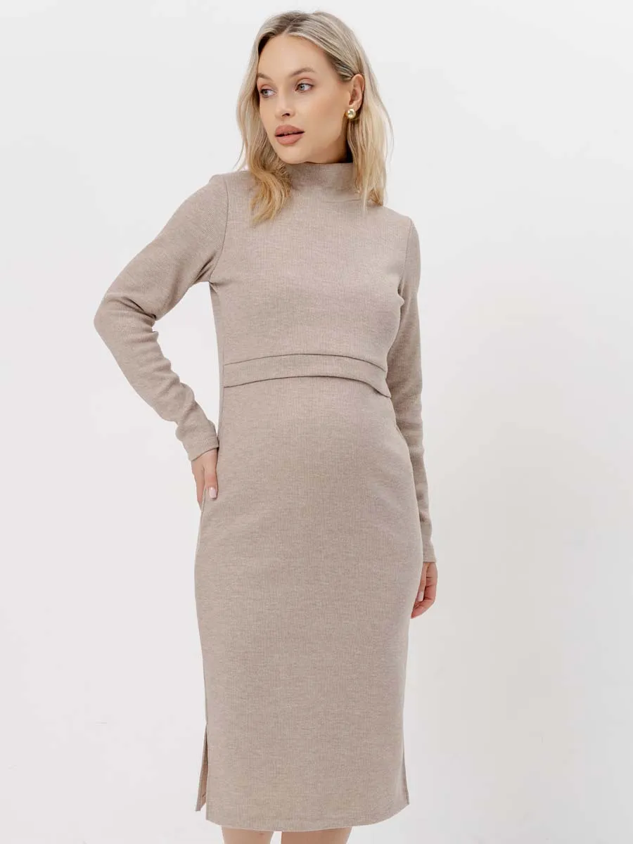 Платье вязаное для беременных и кормящих в офис 54504 бежевый