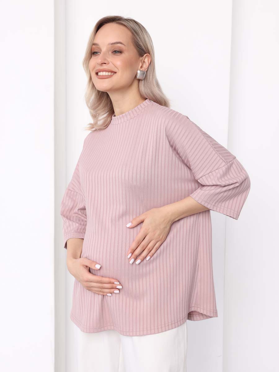 Джемпер оверсайз в рубчик с рукавом 3/4 для беременных пудровый