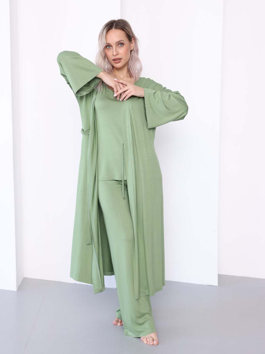 Комплект тройка домашний 24432 халат брюки топ зеленый