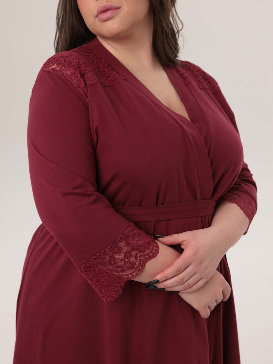 Комплект халат с сорочкой большие размеры костюм в роддом бордовый