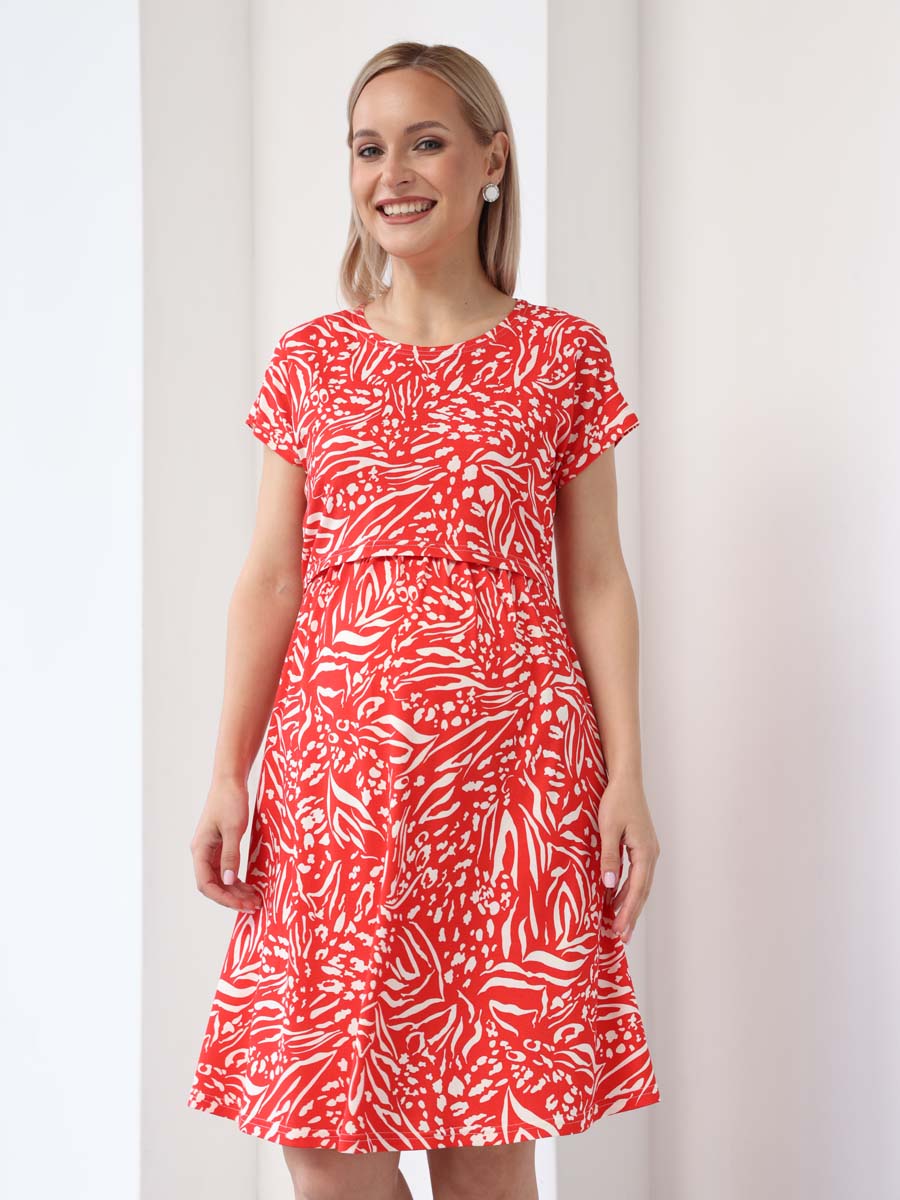 Платье для беременных и кормящих 62009 в офис красный/белый