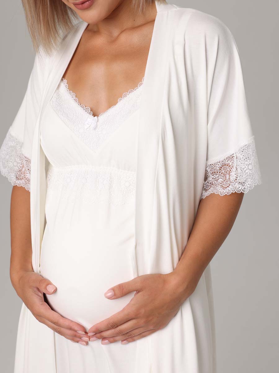 Халат с сорочкой для беременных и кормящих Пеньюар в роддом молочный