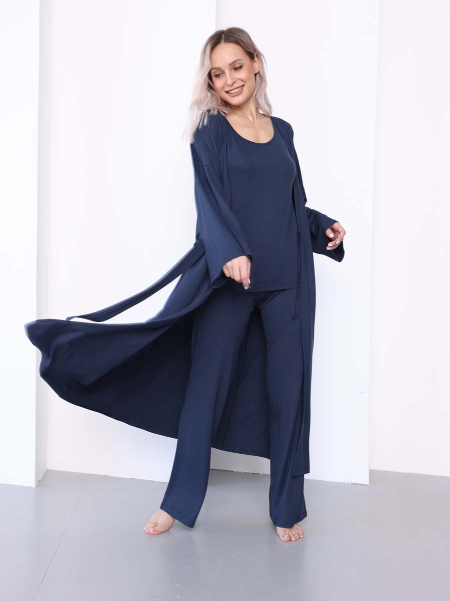 Комплект домашний халат с брюками и топом 24432 темно-синий
