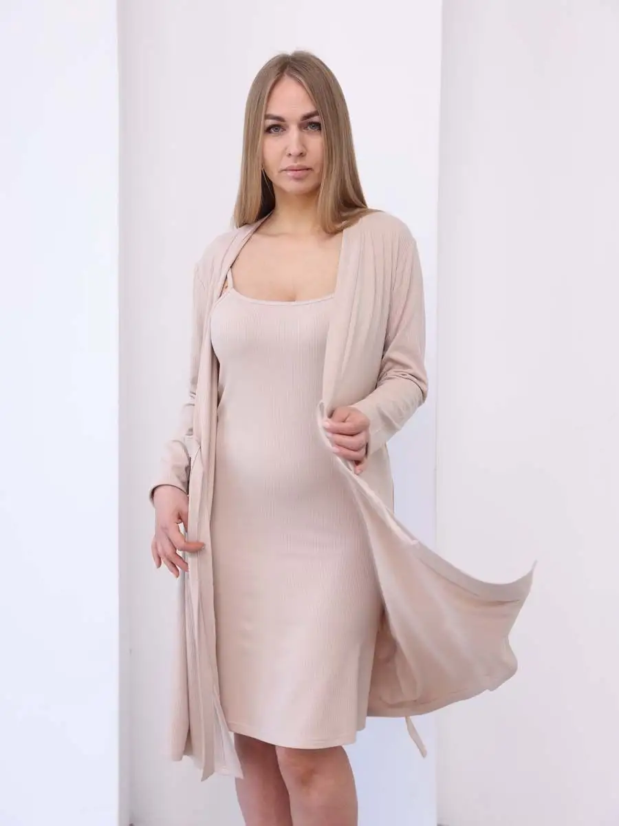 Комплект женский халат с ночной сорочкой 21932 пеньюар бежевый