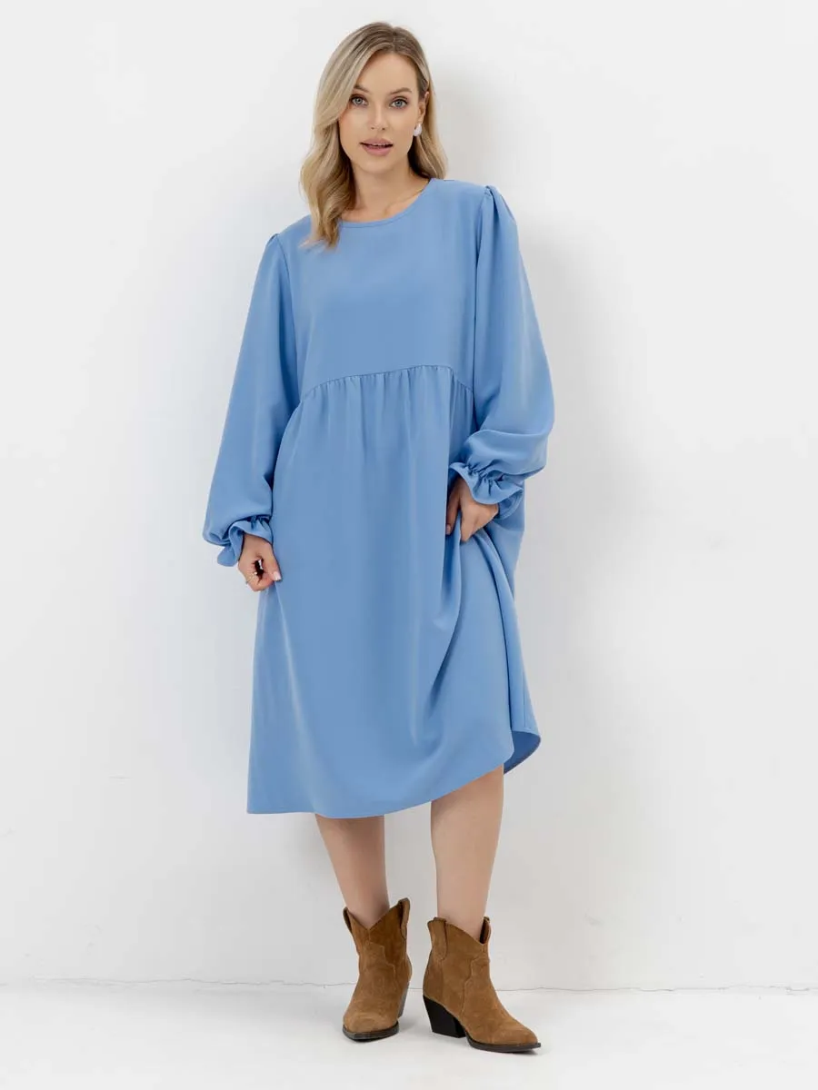Платье для беременных с длинным рукавом в офис голубой темный
