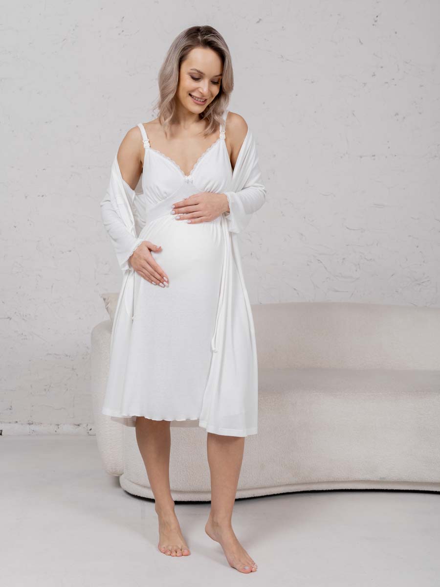 Халат с сорочкой для беременных и кормящих молочный
