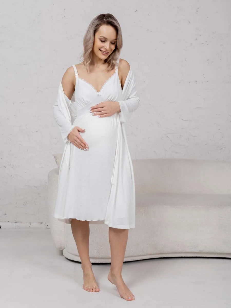 Халат с сорочкой для беременных и кормящих молочный