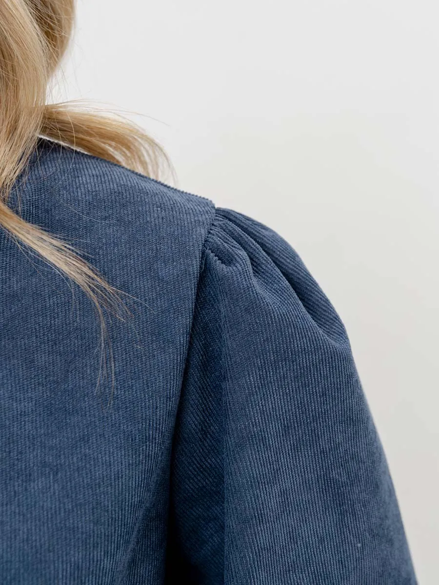 Платье для беременных с длинным рукавом вельветовое в офис сине-серый