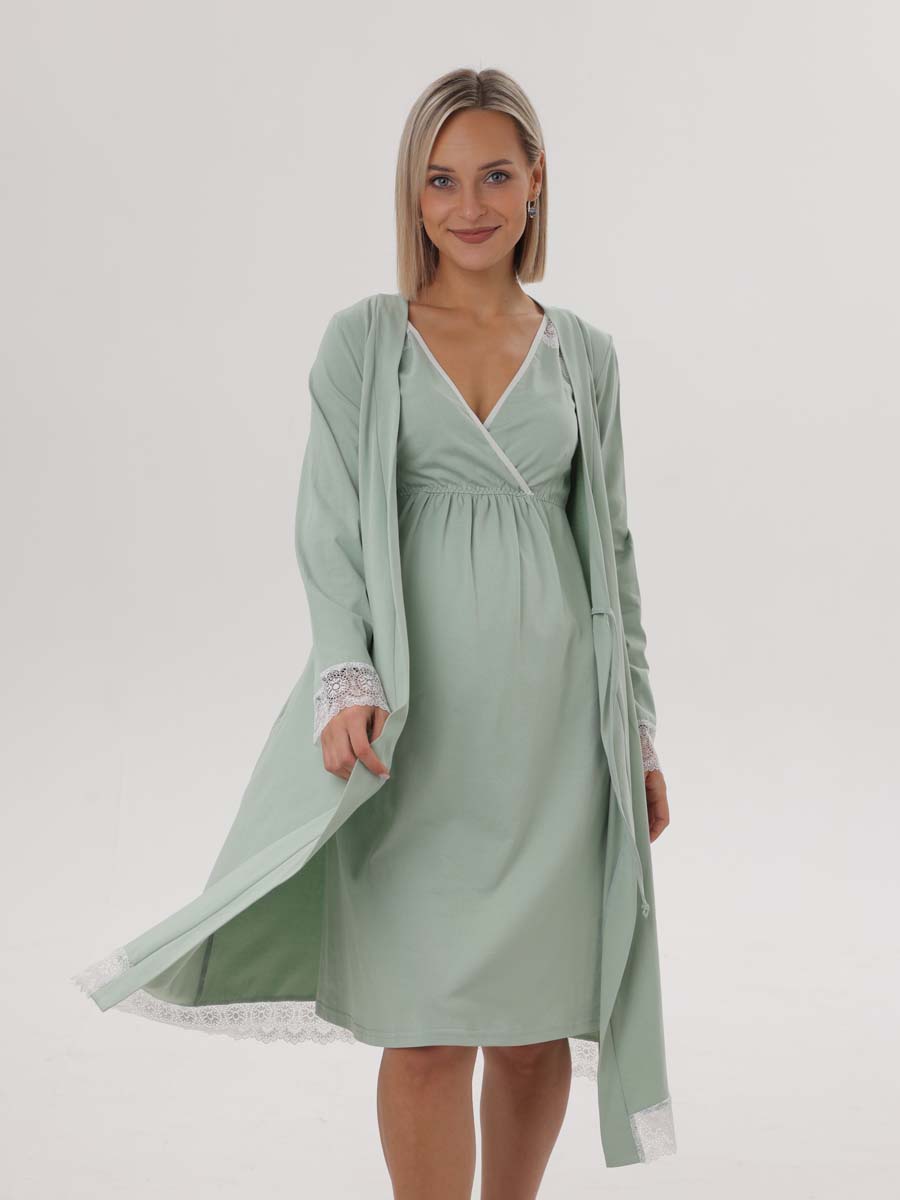 Комплект халат с сорочкой для беременных и кормящих 03528 оливковый/молочный