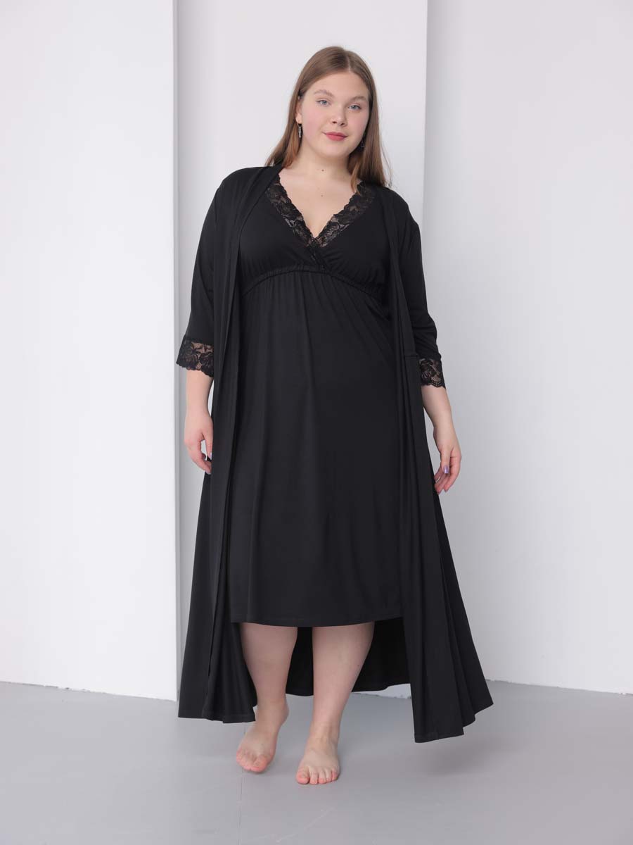 Халат с сорочкой большие размеры черный