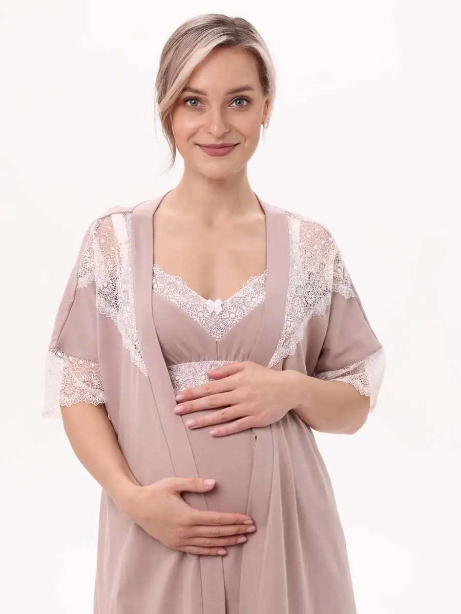 Пеньюар 03028 для беременных и кормящих в роддом бежевый/молочный