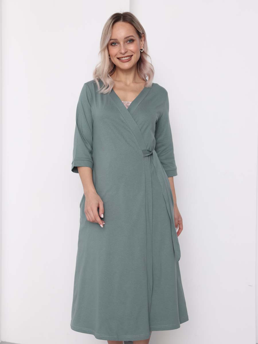 Халат и сорочка для беременных и кормящих в роддом костюм темно-зеленый/пудровый