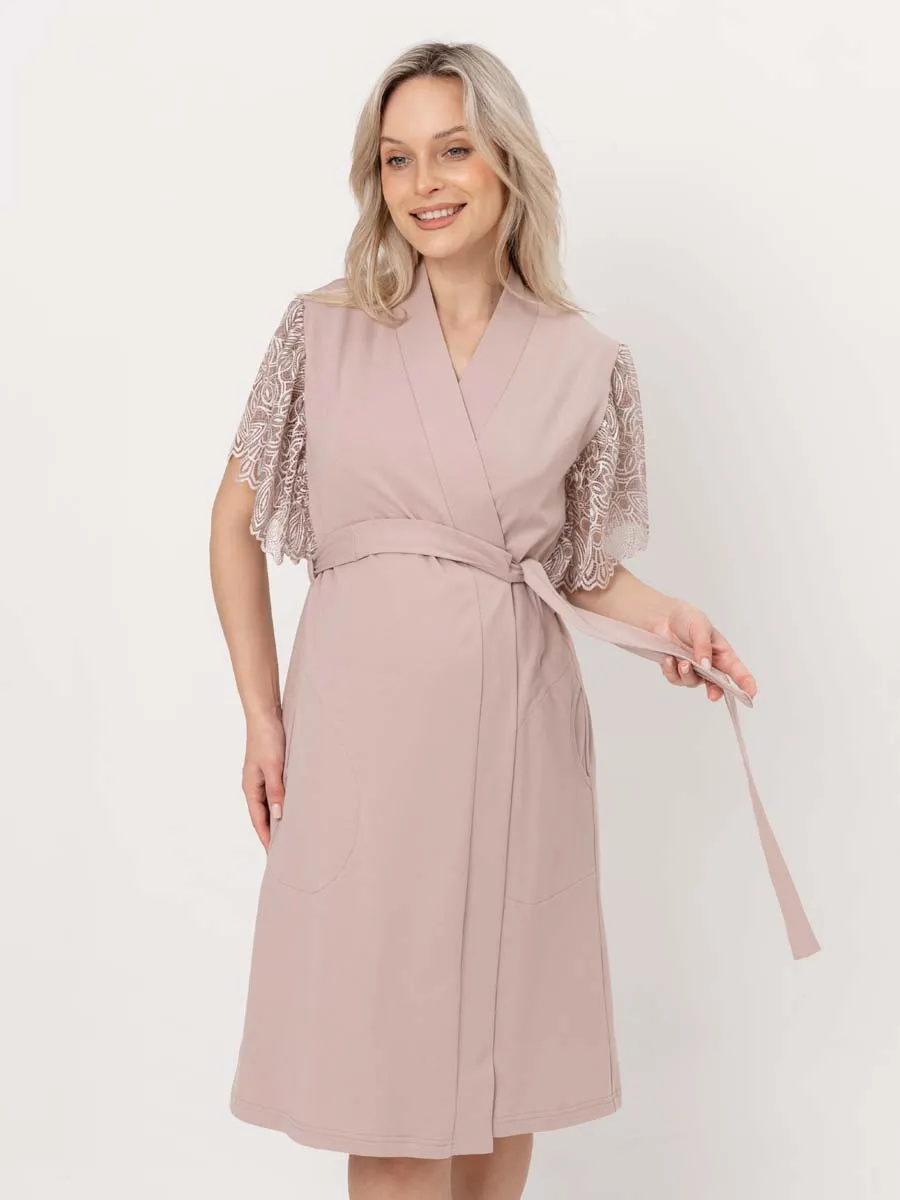 Костюм кружевной халат с сорочкой для беременных бежевый