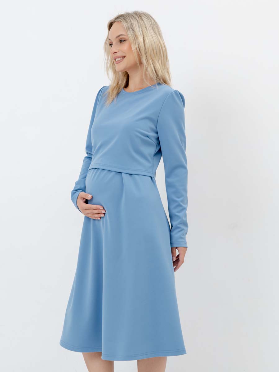 Платье для беременных и кормящих с длинным рукавом в офис голубой