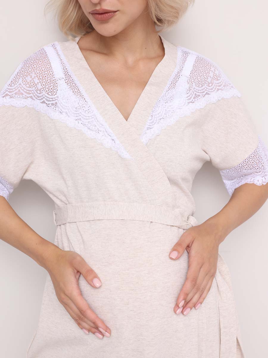 Комплект 16820 для беременных и кормящих халат с сорочкой бежевый_меланж/белый