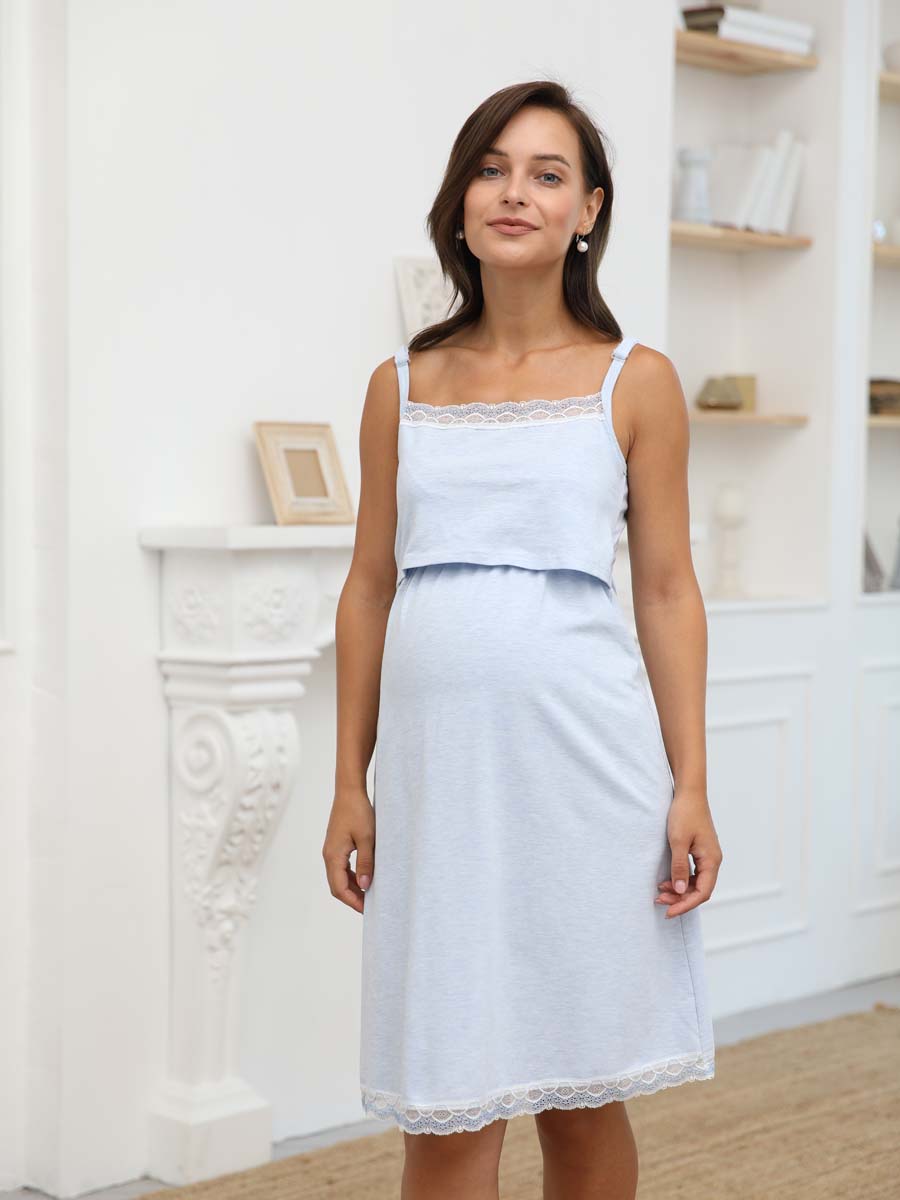 Пеньюар для беременных и кормящих 05328 халат с сорочкой голубой_меланж