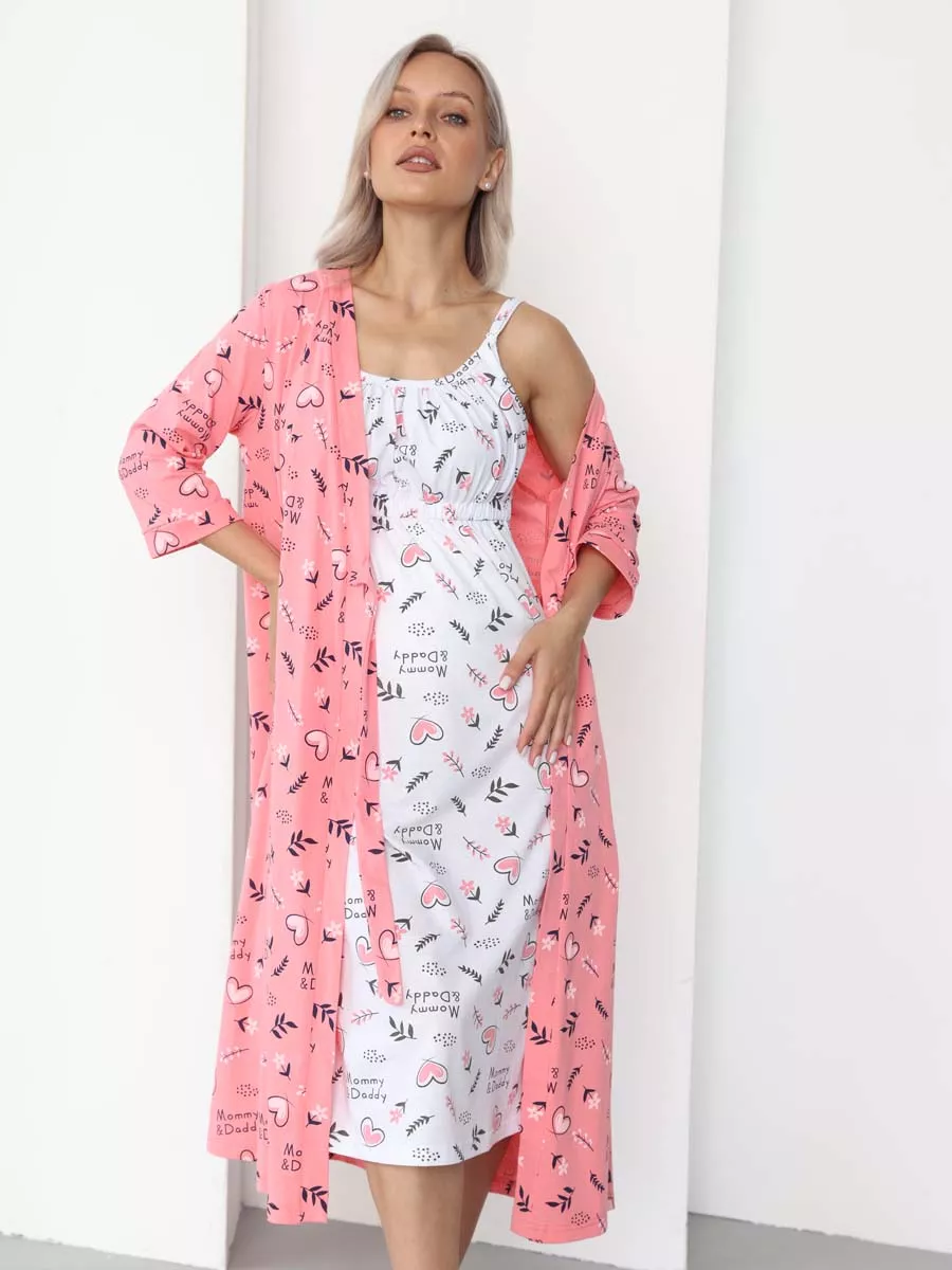 Халат и сорочка для беременных и кормящих в роддом костюм коралловый/белый