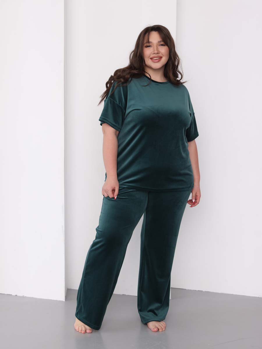 Костюм домашний женский велюровый с брюками палаццо изумрудный/зеленый