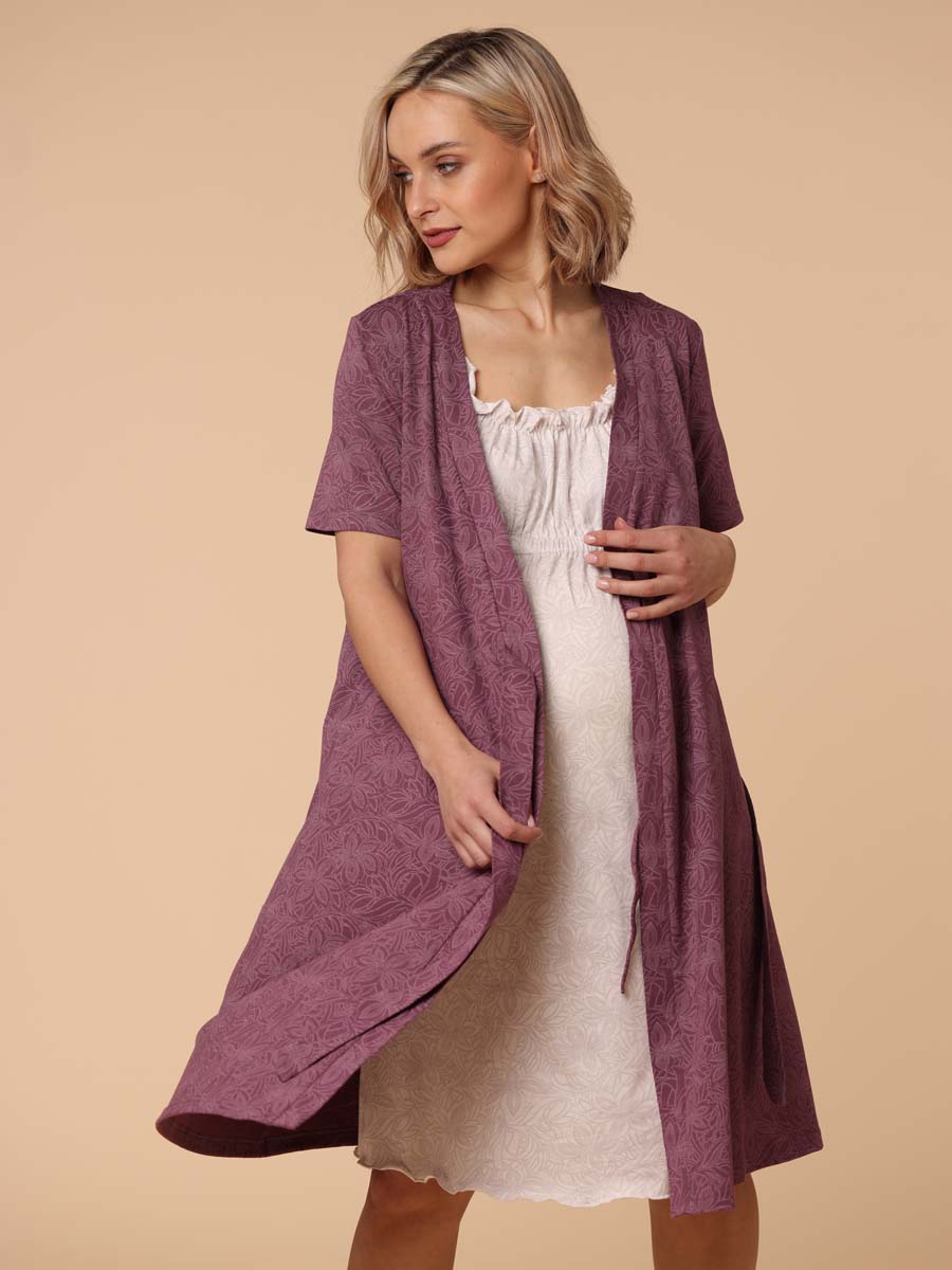 Костюм для беременных и кормления халат с сорочкой в роддом винный/молочный