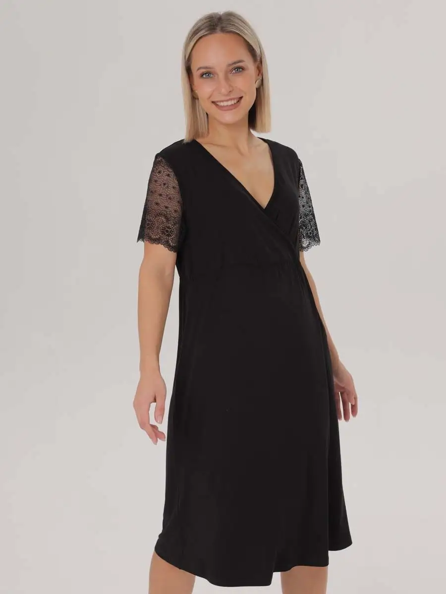 Сорочка ночная для беременных и кормления в роддом черный