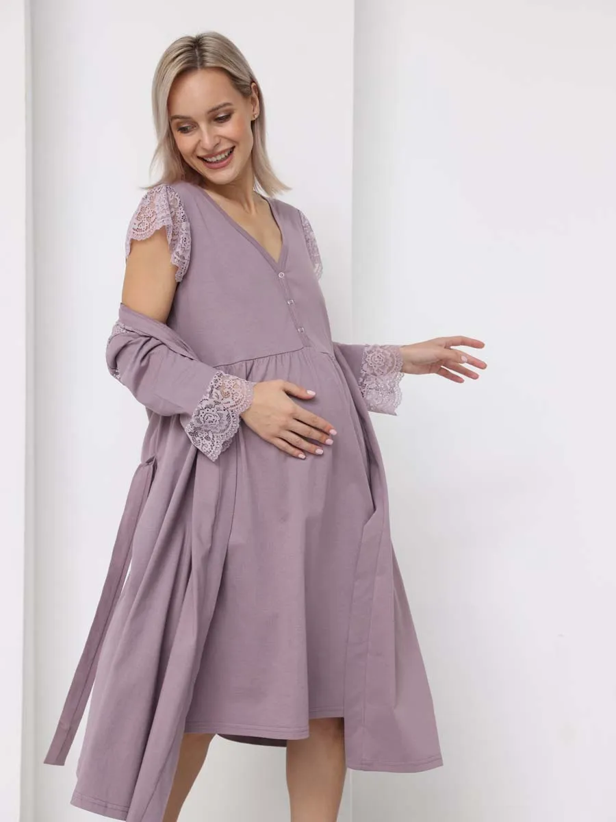 Халат с сорочкой для беременных и кормящих в роддом 21120 кофейный