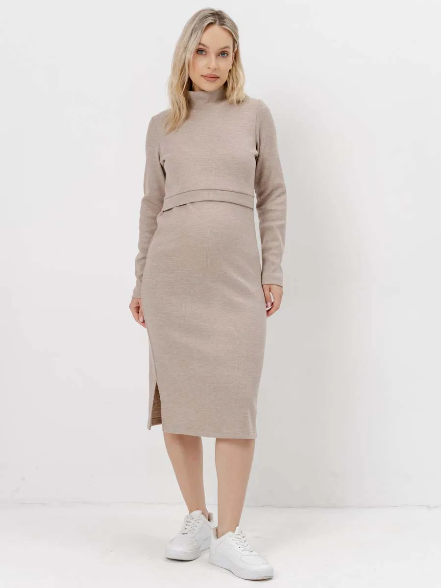 Платье вязаное для беременных и кормящих в офис 54504 бежевый