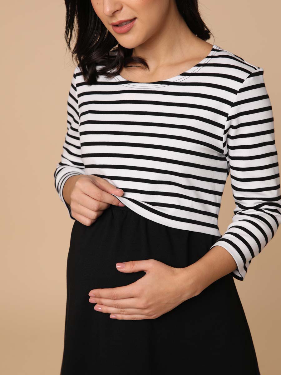 Платье для беременных в офис с секретом для кормления 50014 черный/белый