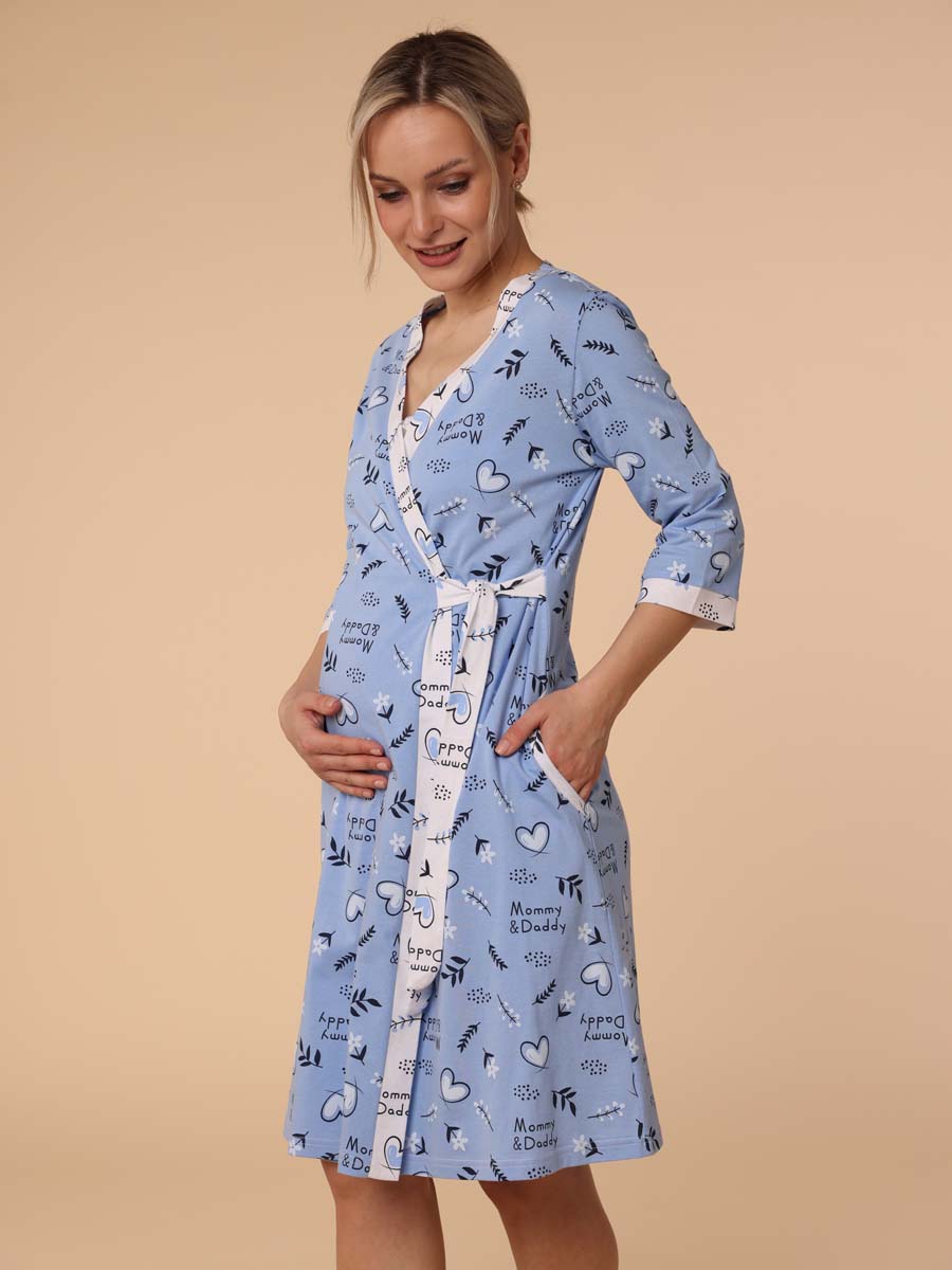 Халат и сорочка для беременных и кормящих в роддом костюм темно-синий/белый