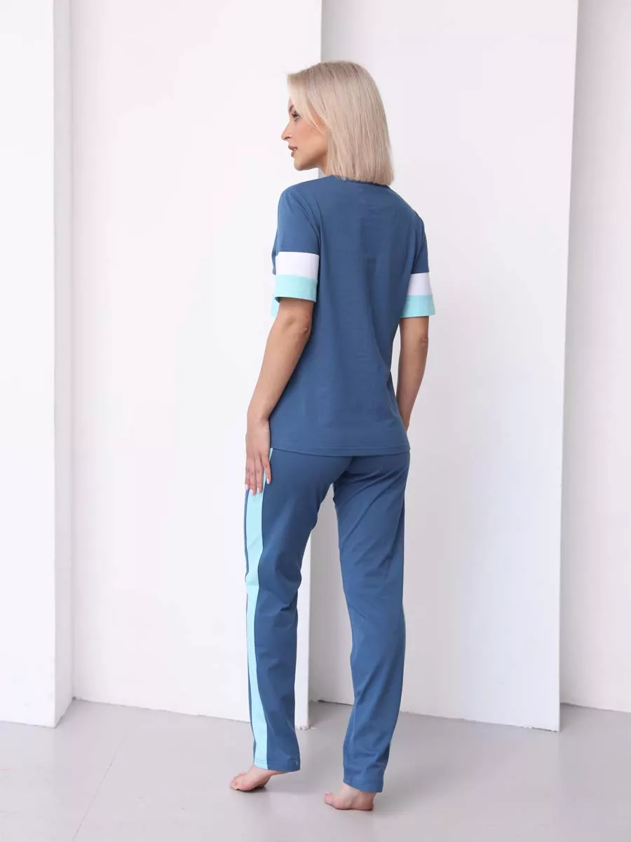 Комплект футболка брюки для беременных и кормящих 13828 синий/белый/ментоловый