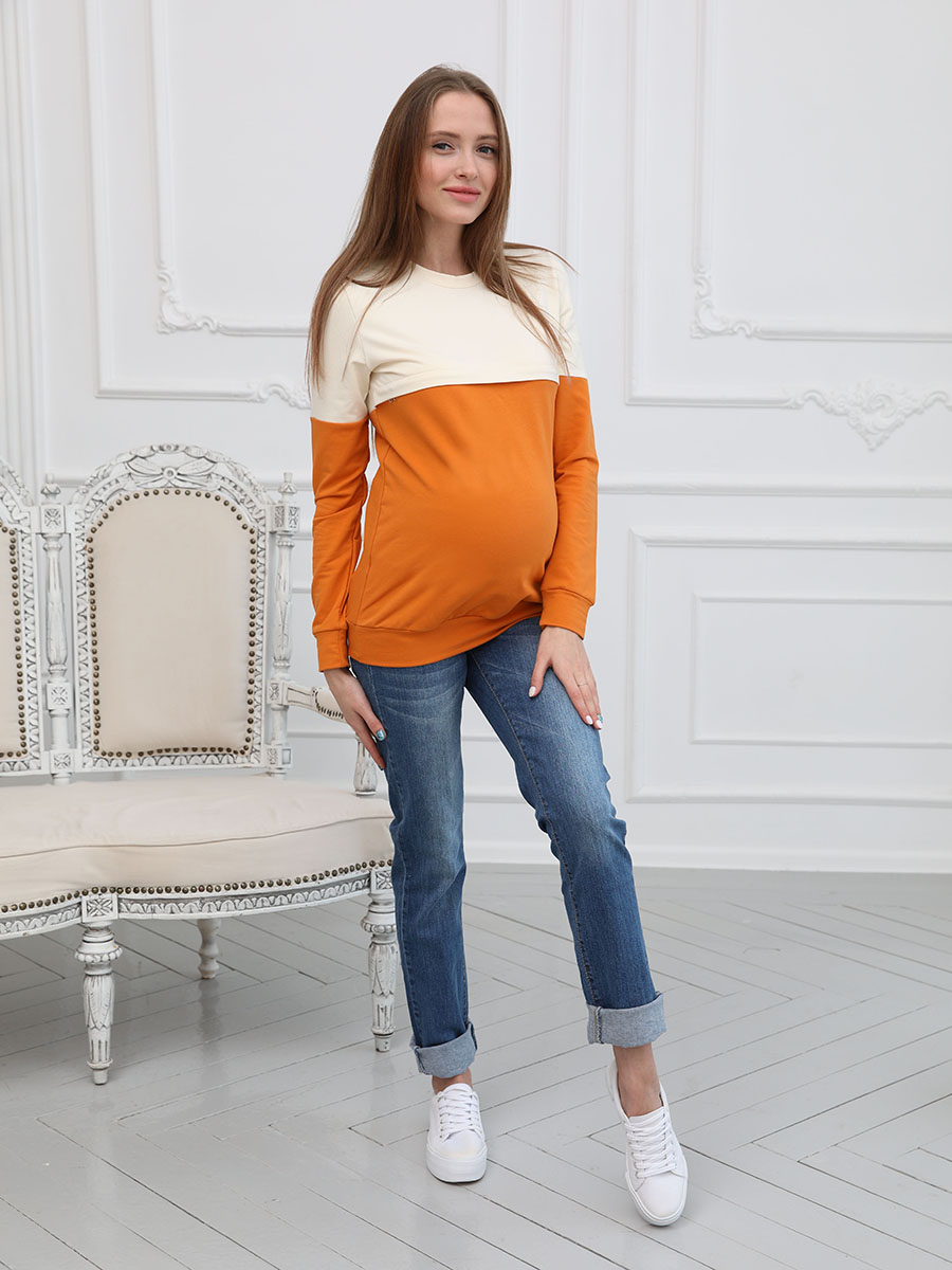 Джемпер для беременных и кормящих молочный/горчичный