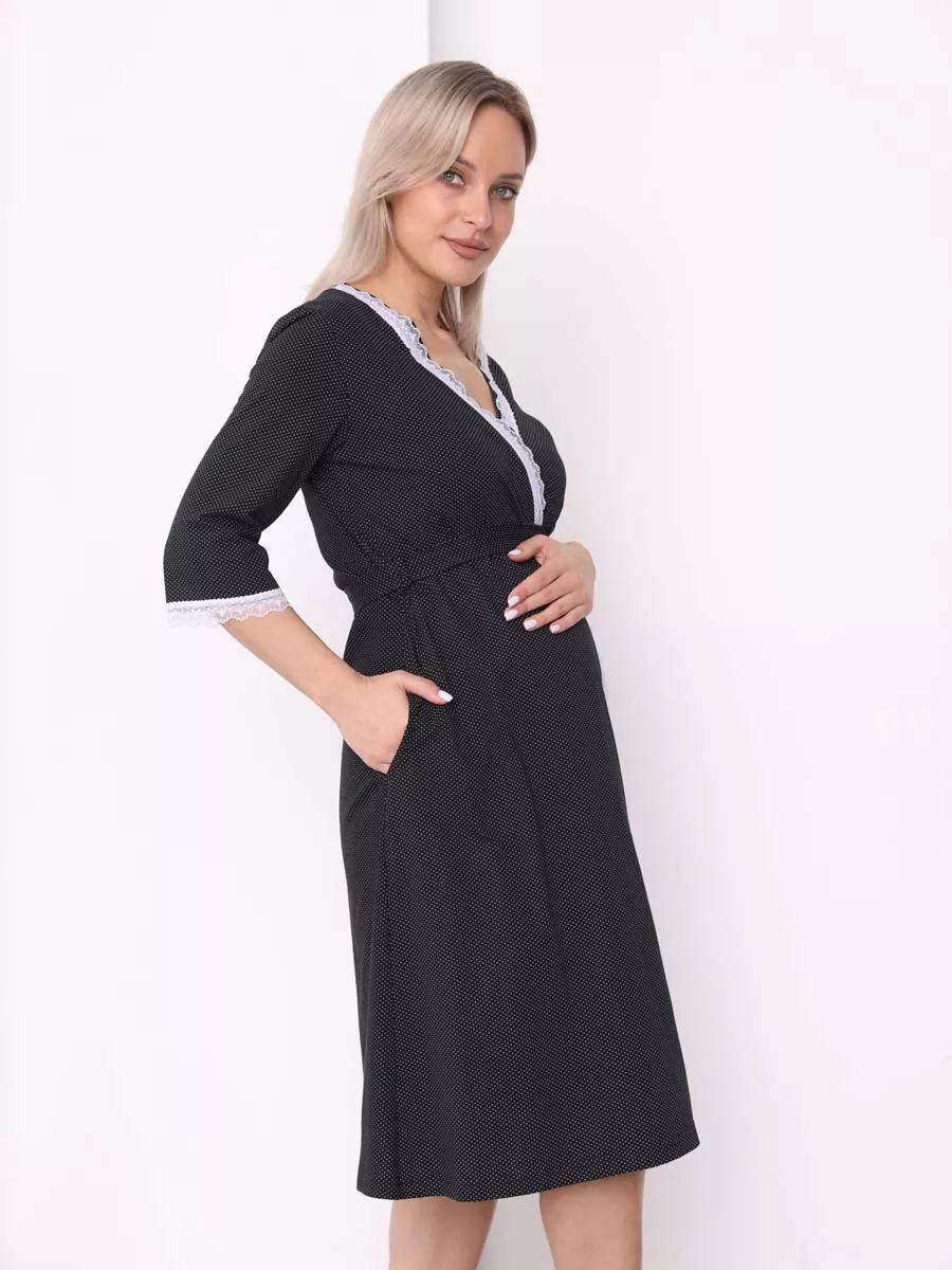 Халат с сорочкой для беременных и кормящих в роддом черный/белый