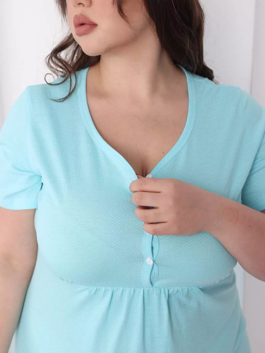 Ночная сорочка большие размеры 53201 в роддом бирюзовый/белый