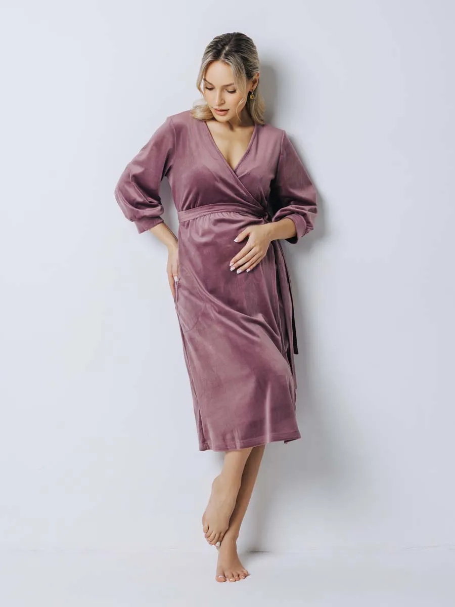 Халат велюровый для беременных и кормящих в роддом 25007 лиловый