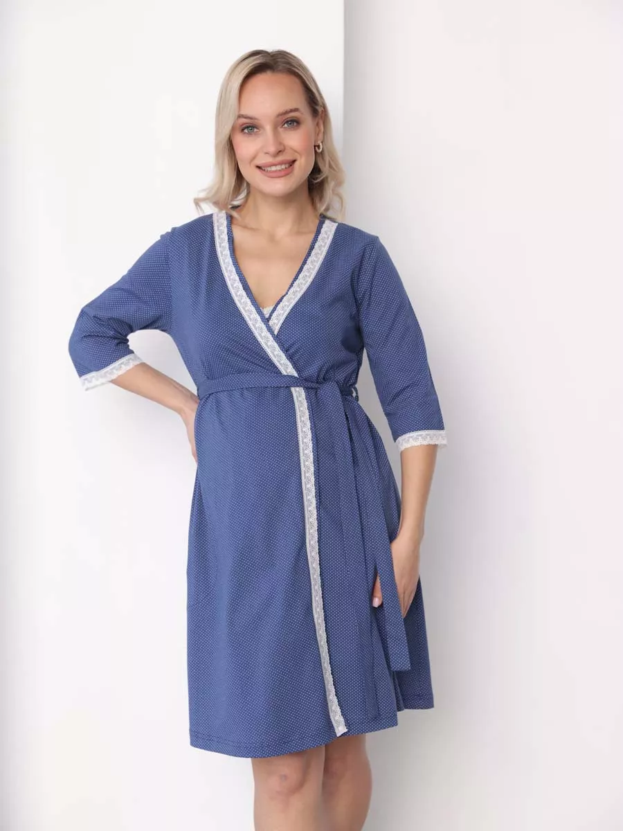 Халат с сорочкой для беременных и кормящих в роддом синий/молочный