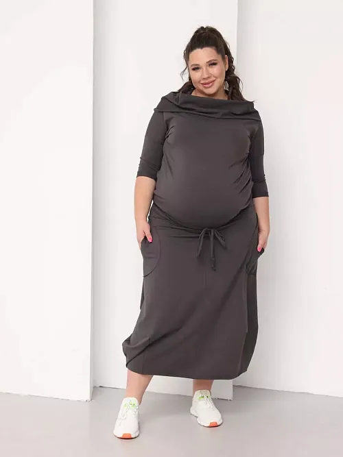 Платье для беременных длинное повседневное в офис plus size антрацитовый