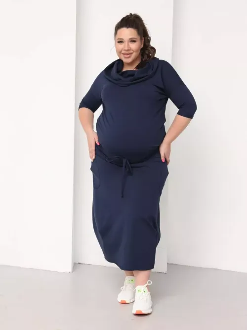 Платье для беременных длинное повседневное в офис plus size синий