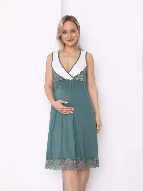 Ночная сорочка для беременных и кормления в роддом изумрудный/молочный